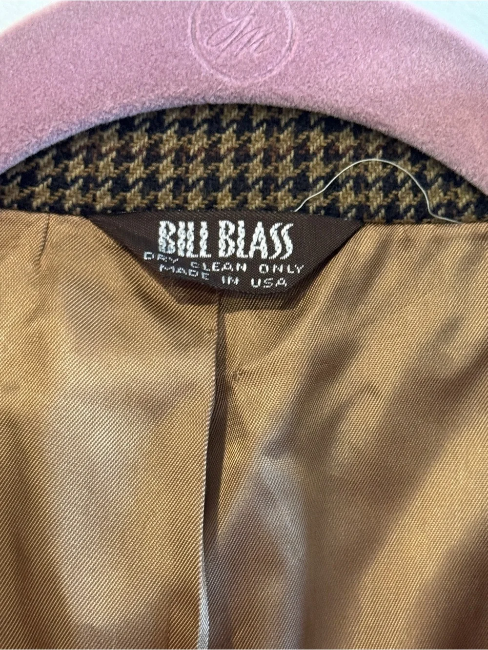 Vintage Bill Blass Pure Wool Houndstooth Overcoat  Tan Blue Classic USA